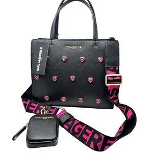 Karl Lagerfeld NWT Paris Black Maybelle Satchel Handbag Pink Crystal Heart